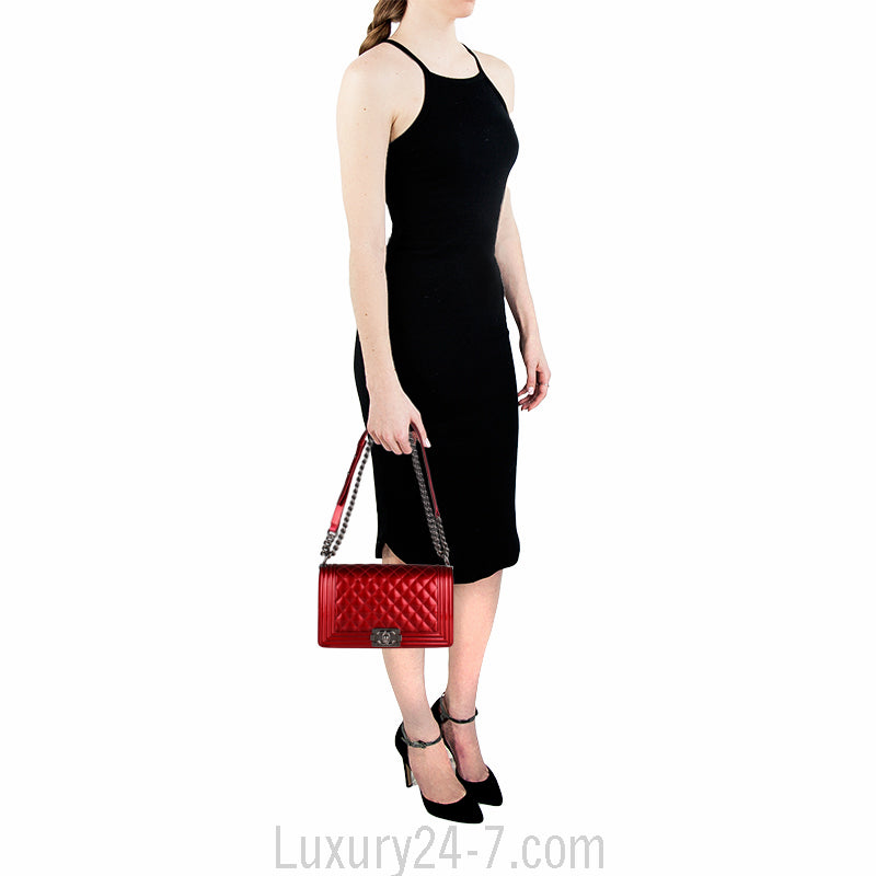 Chanel Red Metallic Patent Leather Medium Boy Bag