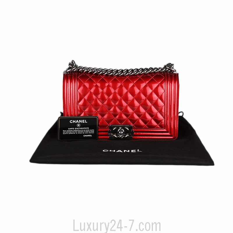 Chanel Red Metallic Patent Leather Medium Boy Bag