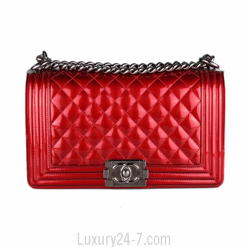 Chanel Red Metallic Patent Leather Medium Boy Bag