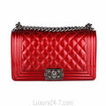 Chanel Red Metallic Patent Leather Medium Boy Bag