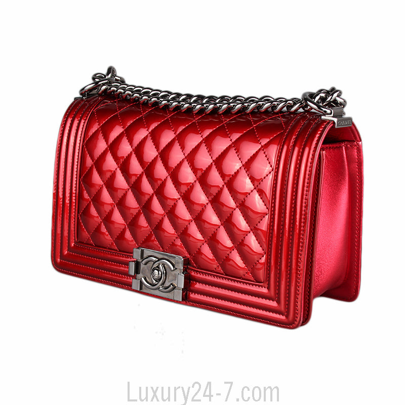Chanel Red Metallic Patent Leather Medium Boy Bag