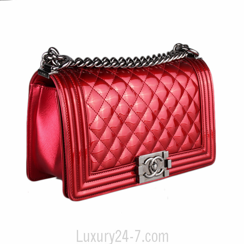 Chanel Red Metallic Patent Leather Medium Boy Bag