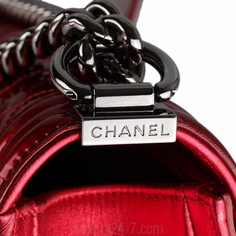 Chanel Red Metallic Patent Leather Medium Boy Bag