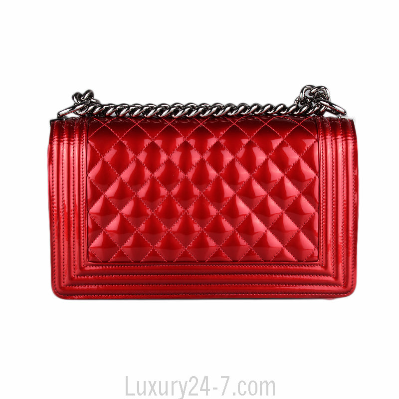 Chanel Red Metallic Patent Leather Medium Boy Bag