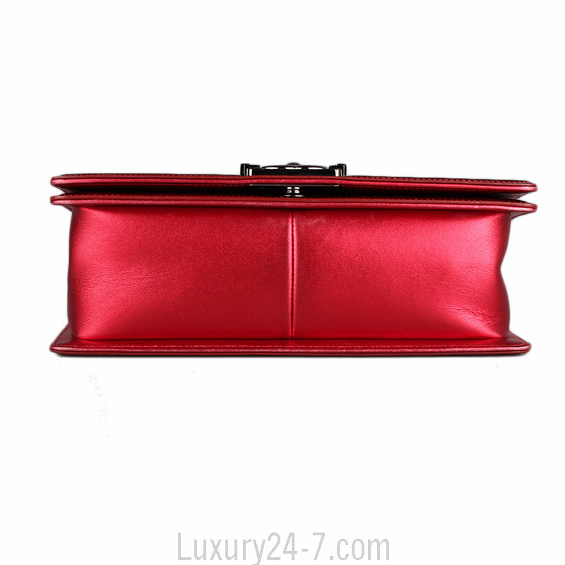 Chanel Red Metallic Patent Leather Medium Boy Bag