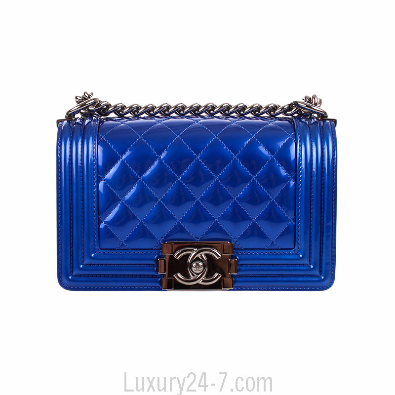 Chanel Small Metallic Blue Patent Leather Boy Bag