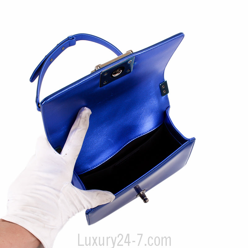 Chanel Small Metallic Blue Patent Leather Boy Bag