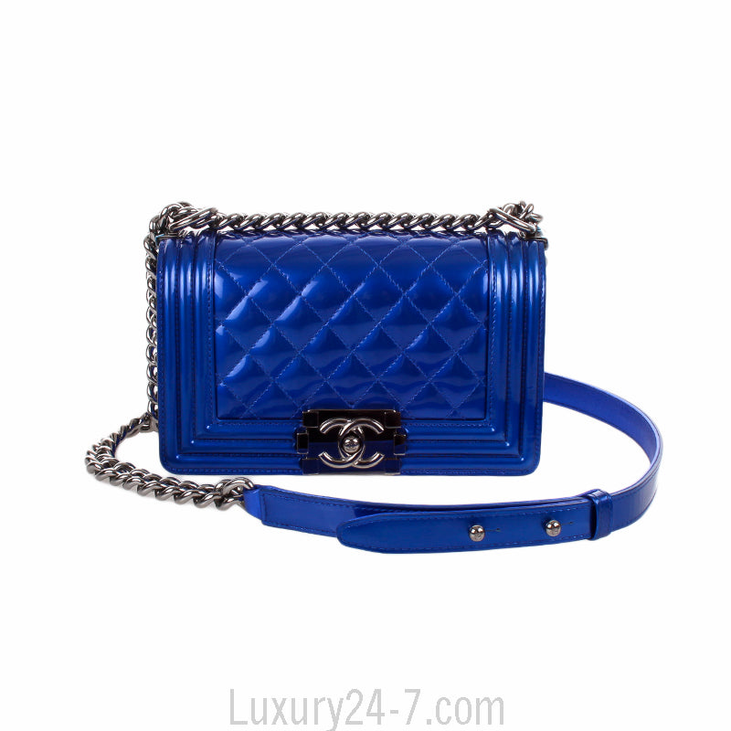 Chanel Small Metallic Blue Patent Leather Boy Bag
