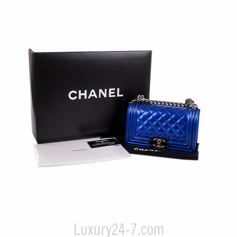 Chanel Small Metallic Blue Patent Leather Boy Bag