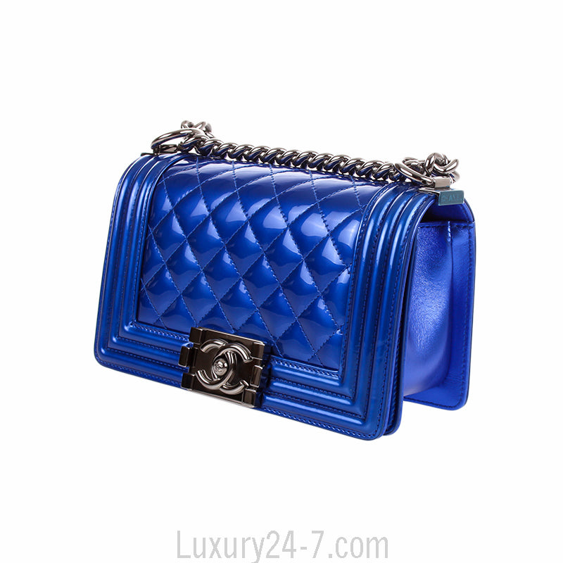 Chanel Small Metallic Blue Patent Leather Boy Bag