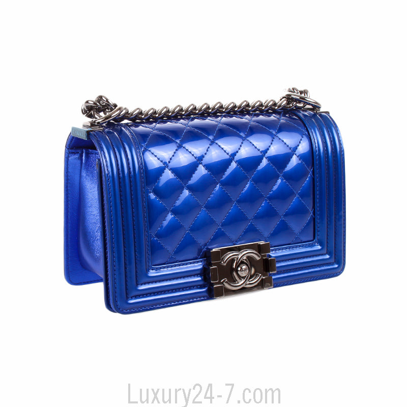 Chanel Small Metallic Blue Patent Leather Boy Bag