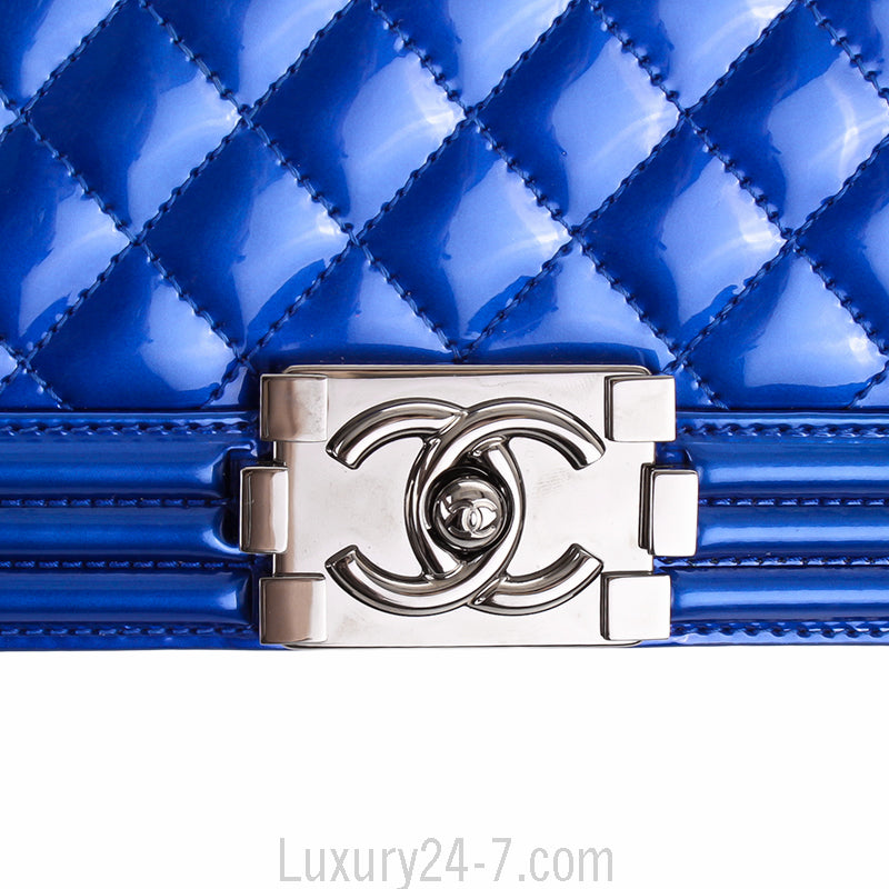 Chanel Small Metallic Blue Patent Leather Boy Bag