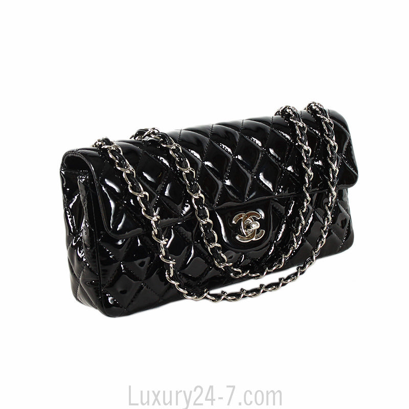 Chanel Black Patent Quilted East West Flap Bag