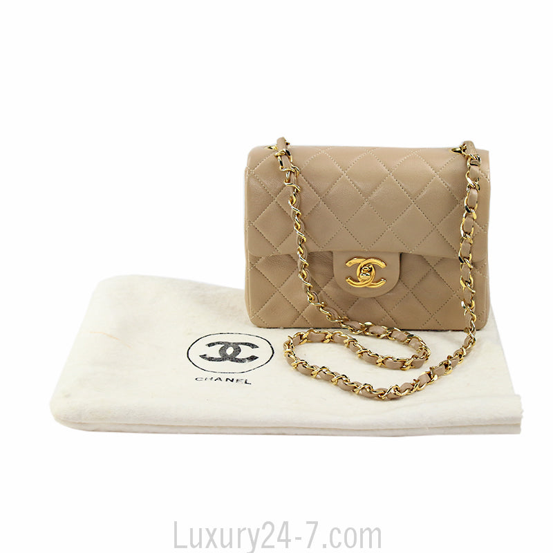 Chanel Vintage Beige Lambskin Mini Square Flap Bag