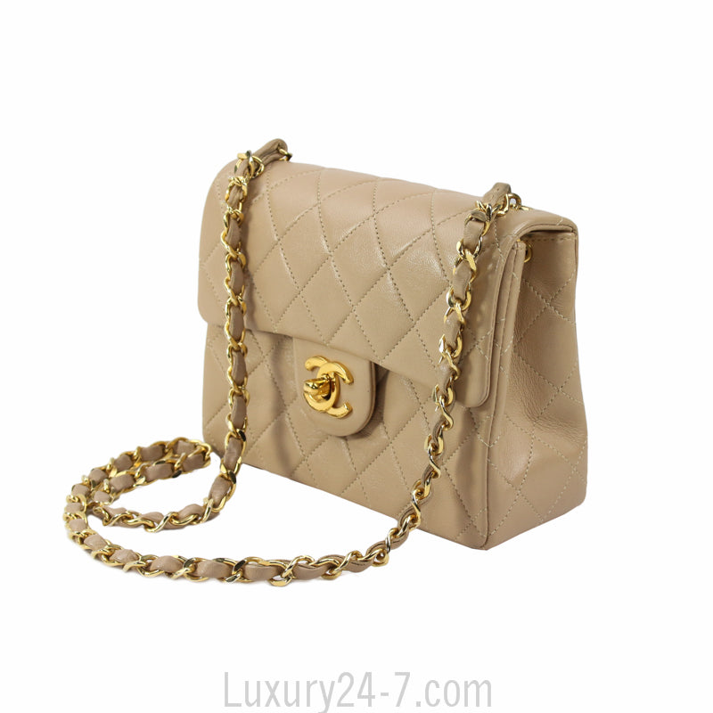 Chanel Vintage Beige Lambskin Mini Square Flap Bag