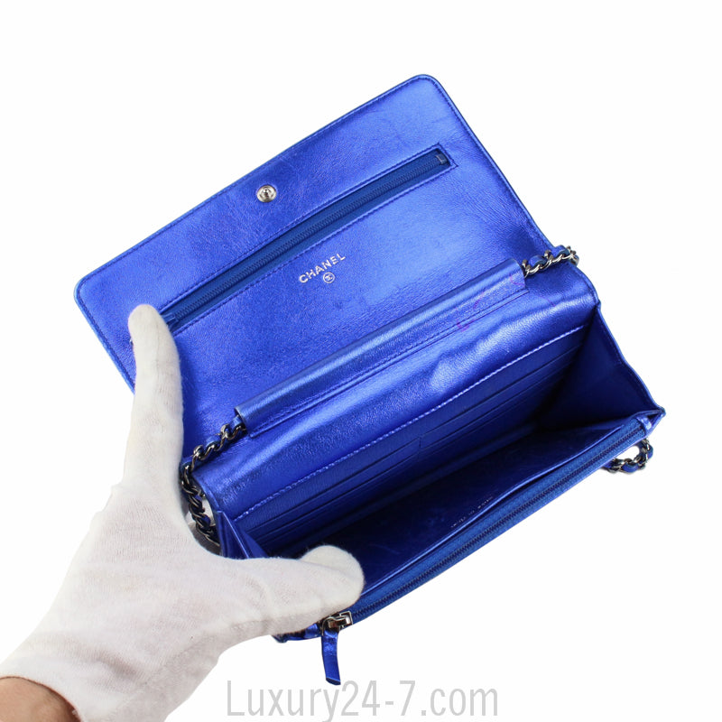 Chanel Metallic Blue Boy Wallet On Chain WOC Bag