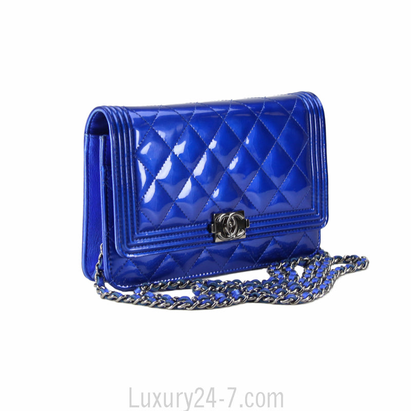 Chanel Metallic Blue Boy Wallet On Chain WOC Bag