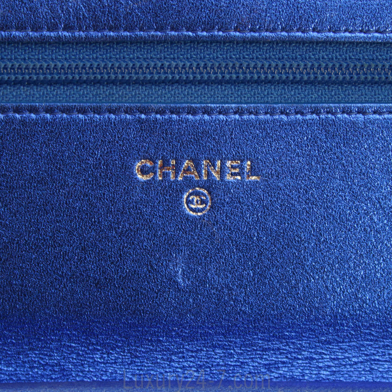 Chanel Metallic Blue Boy Wallet On Chain WOC Bag