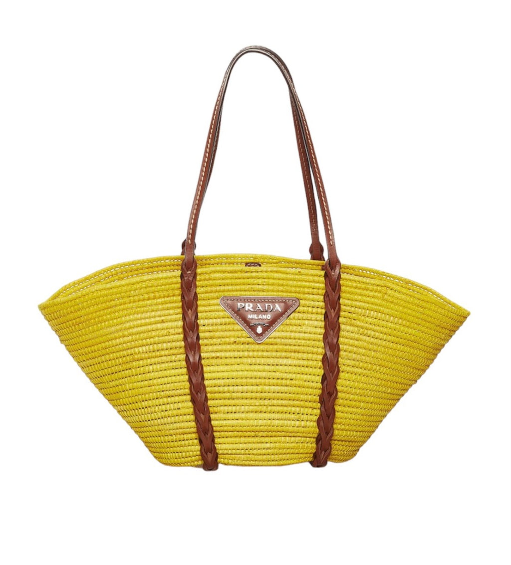 Prada Mustard Raffia Basket Tote Bag