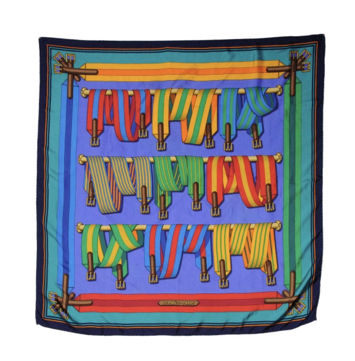 Hermes Blue Sangles Silk 90 Scarf