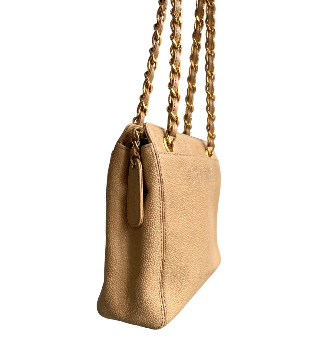 Chanel  Vintage Beige Caviar Logo Chain  small Tote Bag