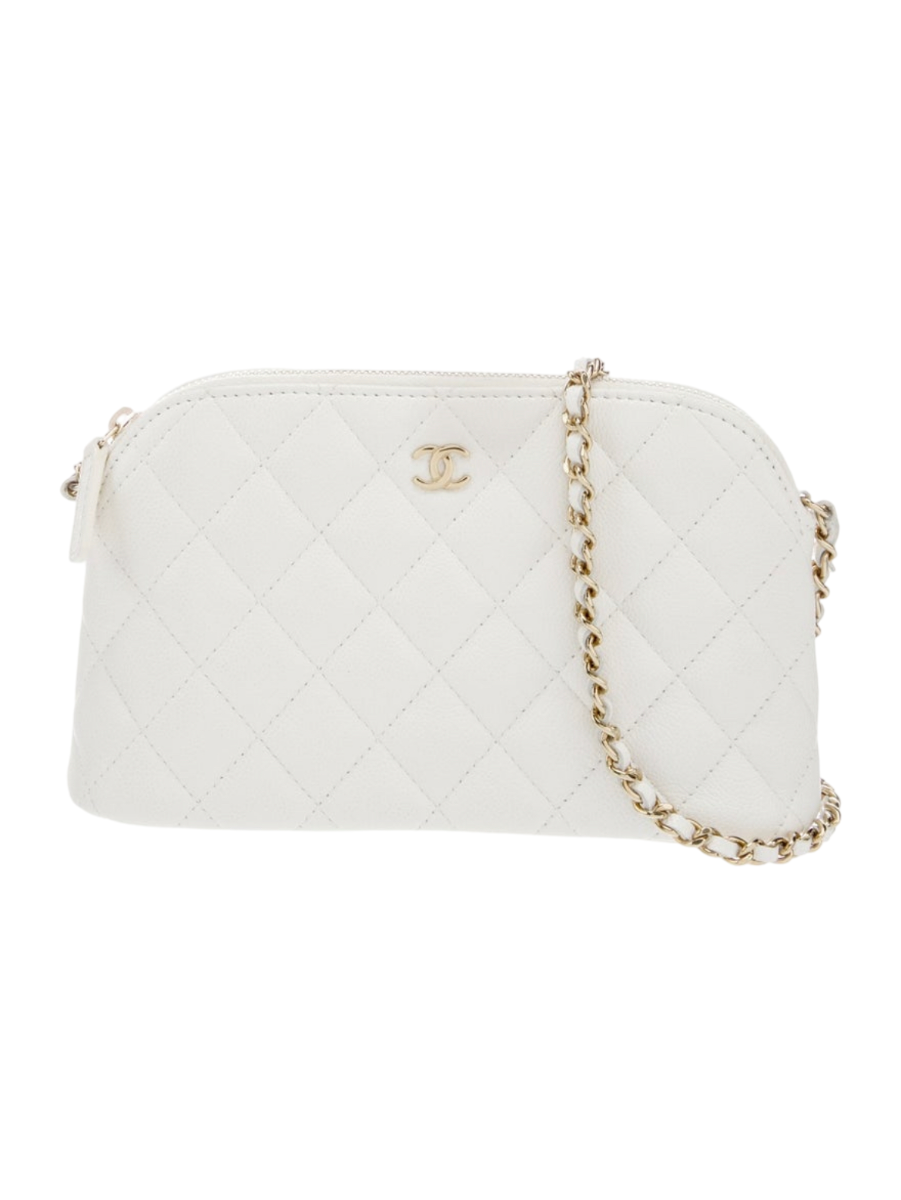 2024 Chanel White Quilted Caviar Clutch w/ Chain