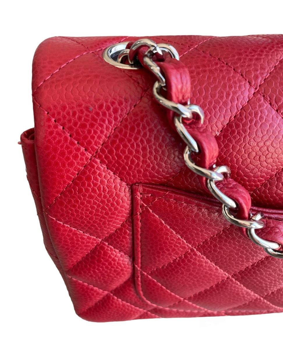 Chanel Red Quilted Caviar Leather Mini Rectangle Flap Bag
