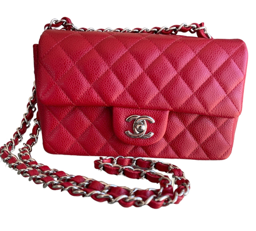 Chanel Red Quilted Caviar Leather Mini Rectangle Flap Bag