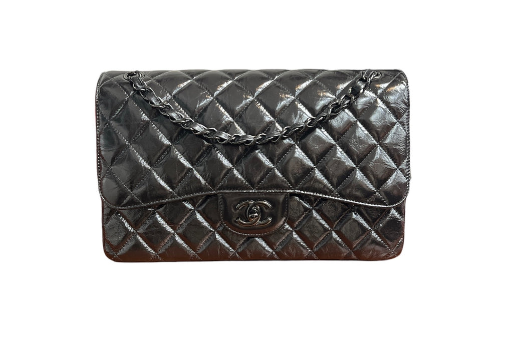Chanel So Black Shiny Distressed Calfskin Quilted Jumbo Double Flap