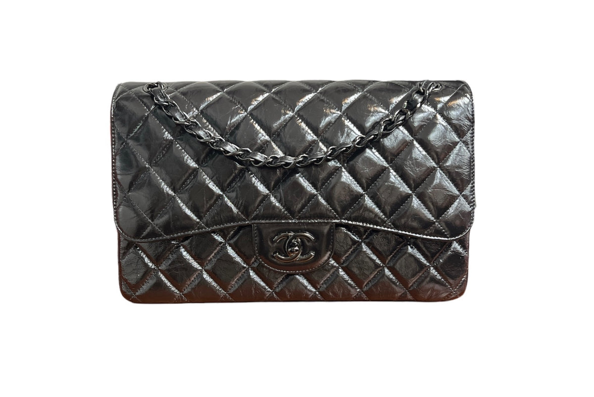 Chanel So Black Shiny Distressed Calfskin Quilted Jumbo Double Flap