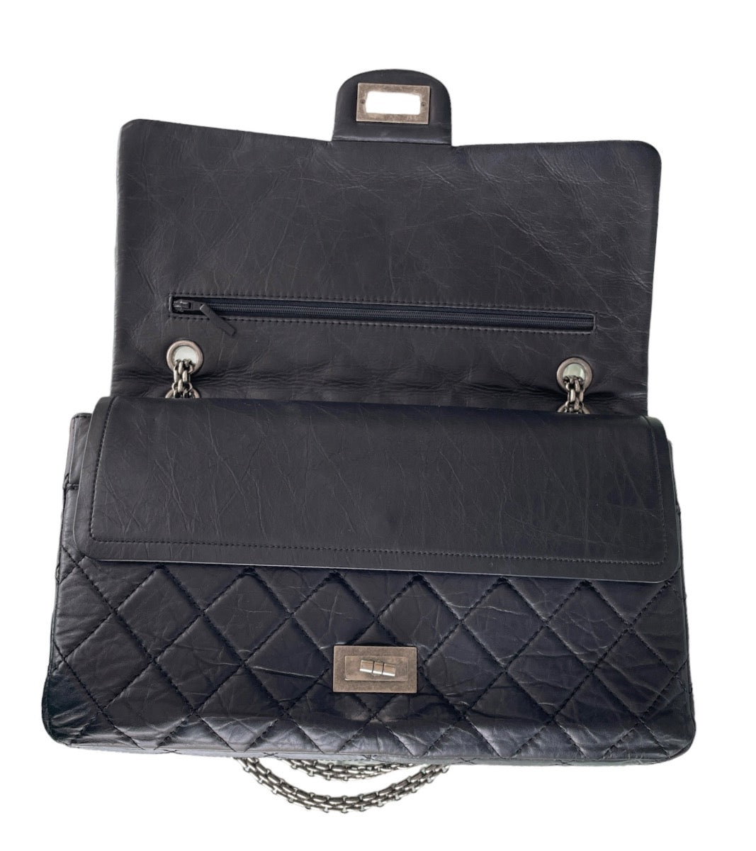 Chanel Black Aged Calfskin Quilted Double Flap 2.55 Reissue 227 Bag