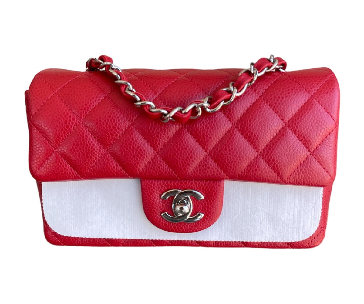 Chanel Red Quilted Caviar Leather Mini Rectangle Flap Bag