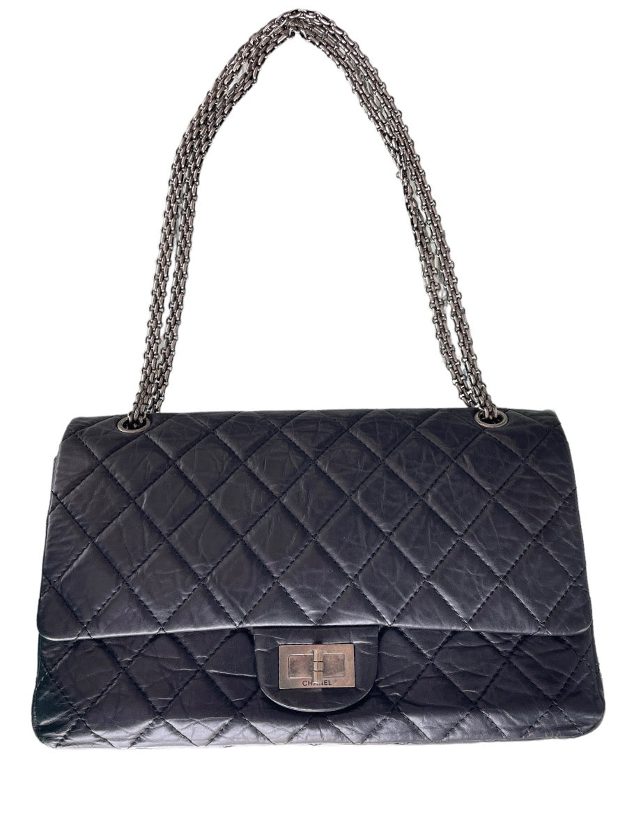 Chanel Black Aged Calfskin Quilted Double Flap 2.55 Reissue 227 Bag