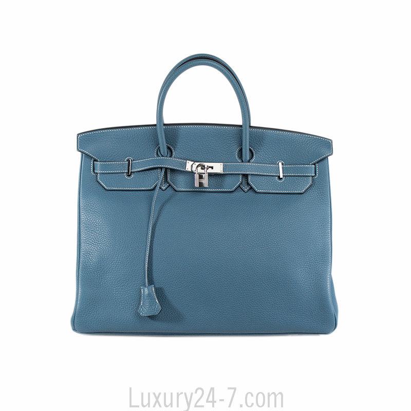 Hermes 40cm Blue Jean Clemence Birkin Handbag