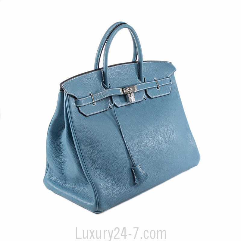 Hermes 40cm Blue Jean Clemence Birkin Handbag