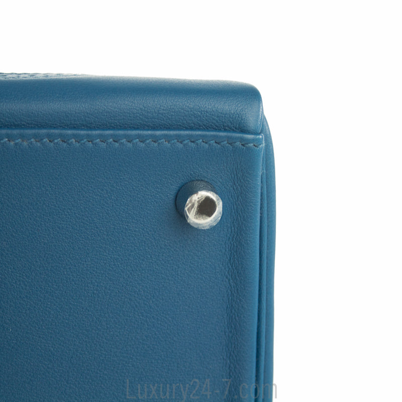 Hermes Limited Edition Blue de Galice Grain d'H & Swift Leather Ghillies Kelly Bag