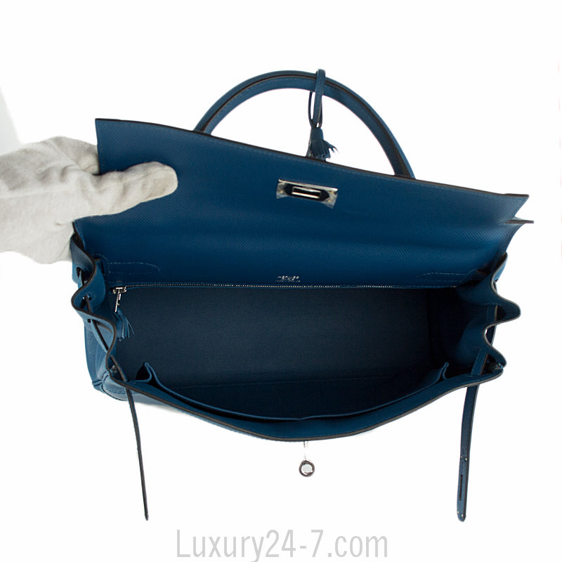 Hermes Limited Edition Blue de Galice Grain d'H & Swift Leather Ghillies Kelly Bag