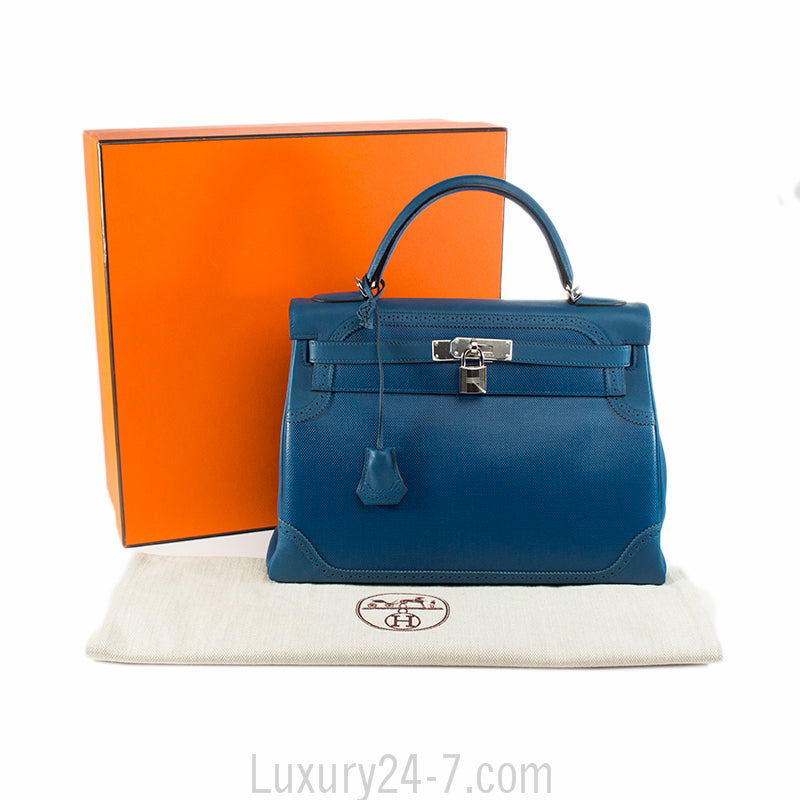 Hermes Limited Edition Blue de Galice Grain d'H & Swift Leather Ghillies Kelly Bag