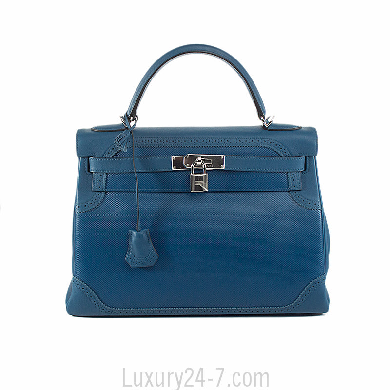 Hermes Limited Edition Blue de Galice Grain d'H & Swift Leather Ghillies Kelly Bag