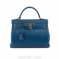 Hermes Limited Edition Blue de Galice Grain d'H & Swift Leather Ghillies Kelly Bag