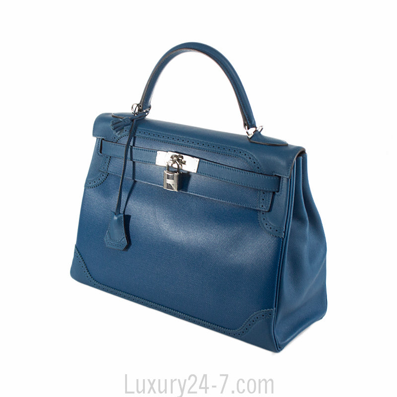Hermes Limited Edition Blue de Galice Grain d'H & Swift Leather Ghillies Kelly Bag