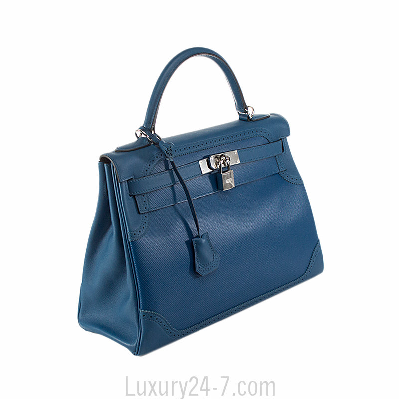 Hermes Limited Edition Blue de Galice Grain d'H & Swift Leather Ghillies Kelly Bag
