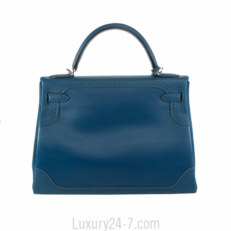 Hermes Limited Edition Blue de Galice Grain d'H & Swift Leather Ghillies Kelly Bag
