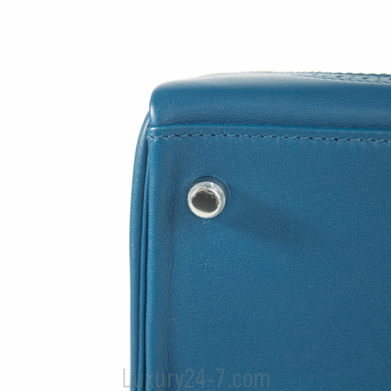 Hermes Limited Edition Blue de Galice Grain d'H & Swift Leather Ghillies Kelly Bag