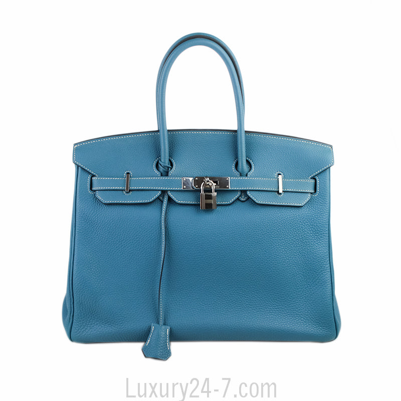 Hermes 35cm Birkin Blue Jean Clemence Handbag