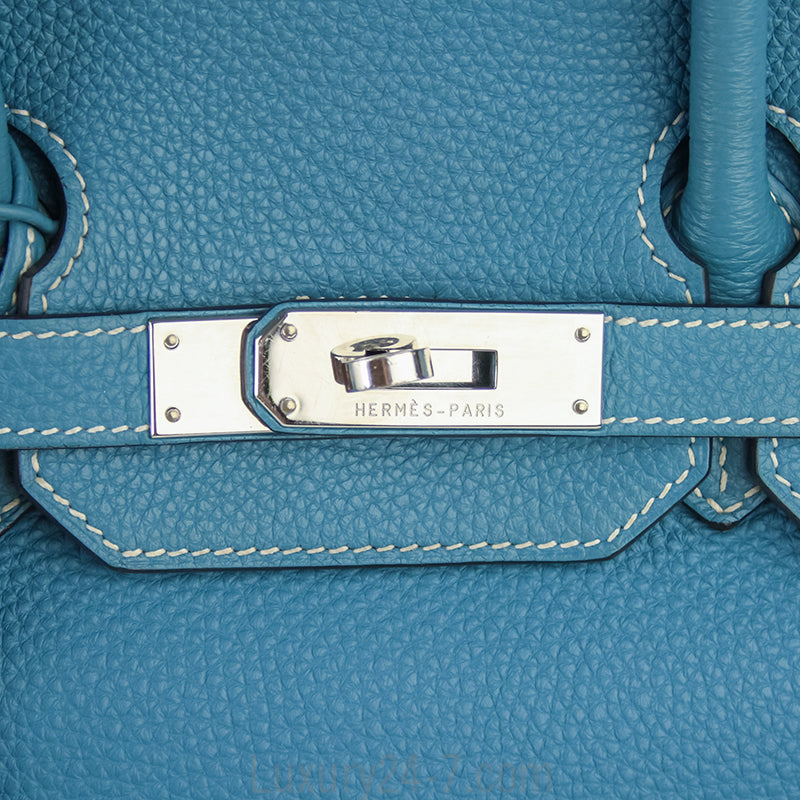 Hermes 35cm Birkin Blue Jean Clemence Handbag