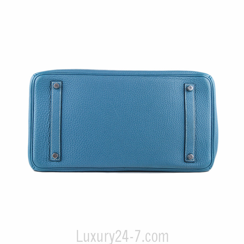 Hermes 35cm Birkin Blue Jean Clemence Handbag
