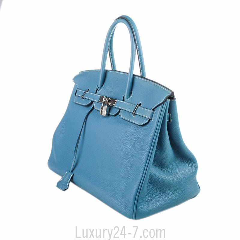 Hermes 35cm Birkin Blue Jean Clemence Handbag