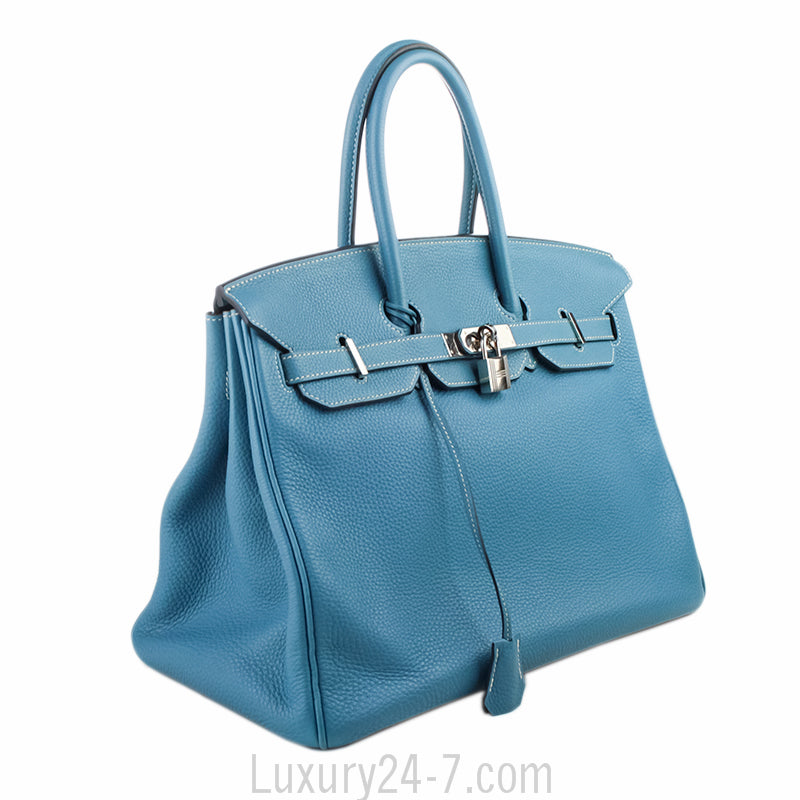 Hermes 35cm Birkin Blue Jean Clemence Handbag