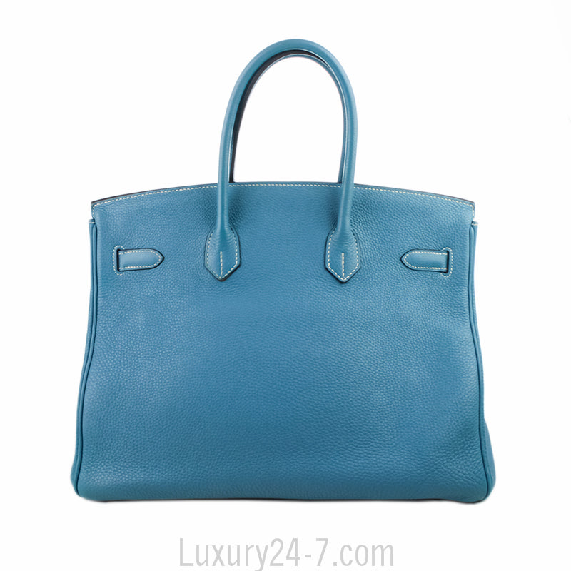 Hermes 35cm Birkin Blue Jean Clemence Handbag